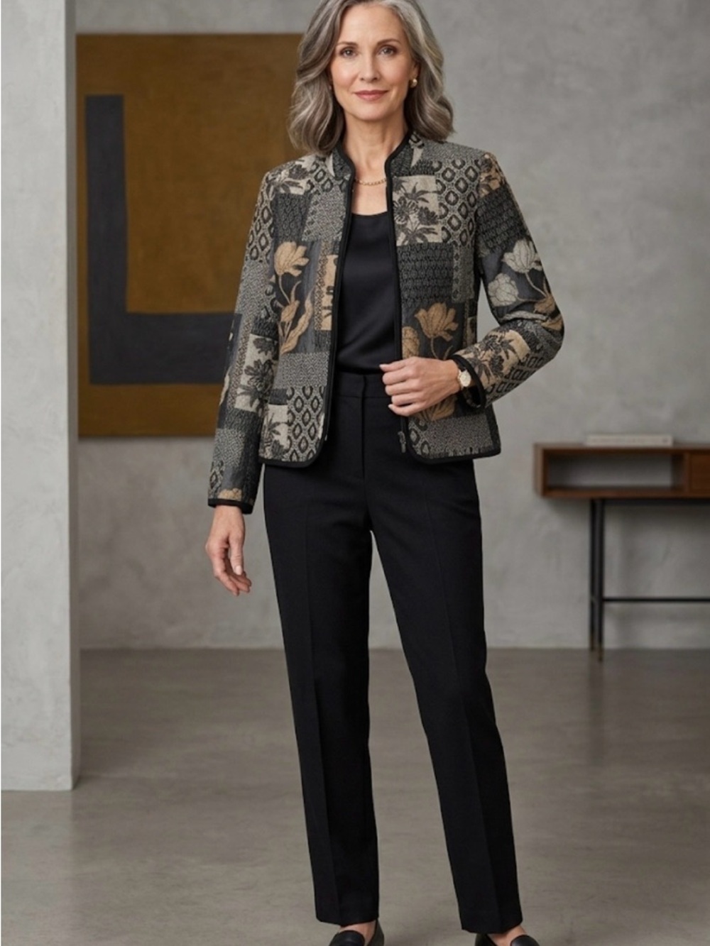 MOLLY & MAXX Patterned Floral Mosaic Jacket in Black and Taupe size PM.